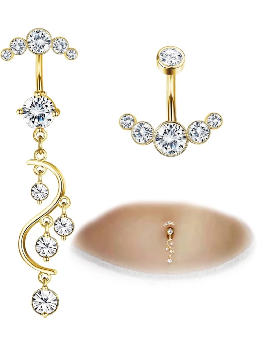 Gold and Clear Crystal Swirl Dangle Navel Ring